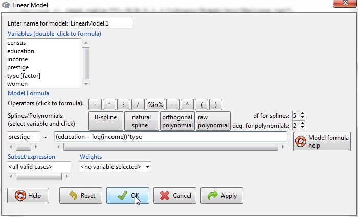 The Linear Model dialog box, with Prestige from the car package as the active data set.