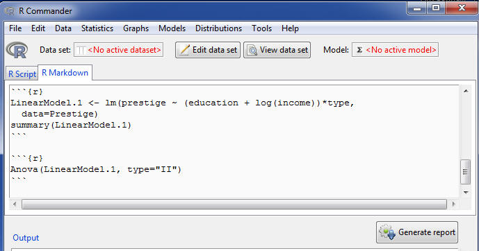 The R Markdown tab, with Generate report button.