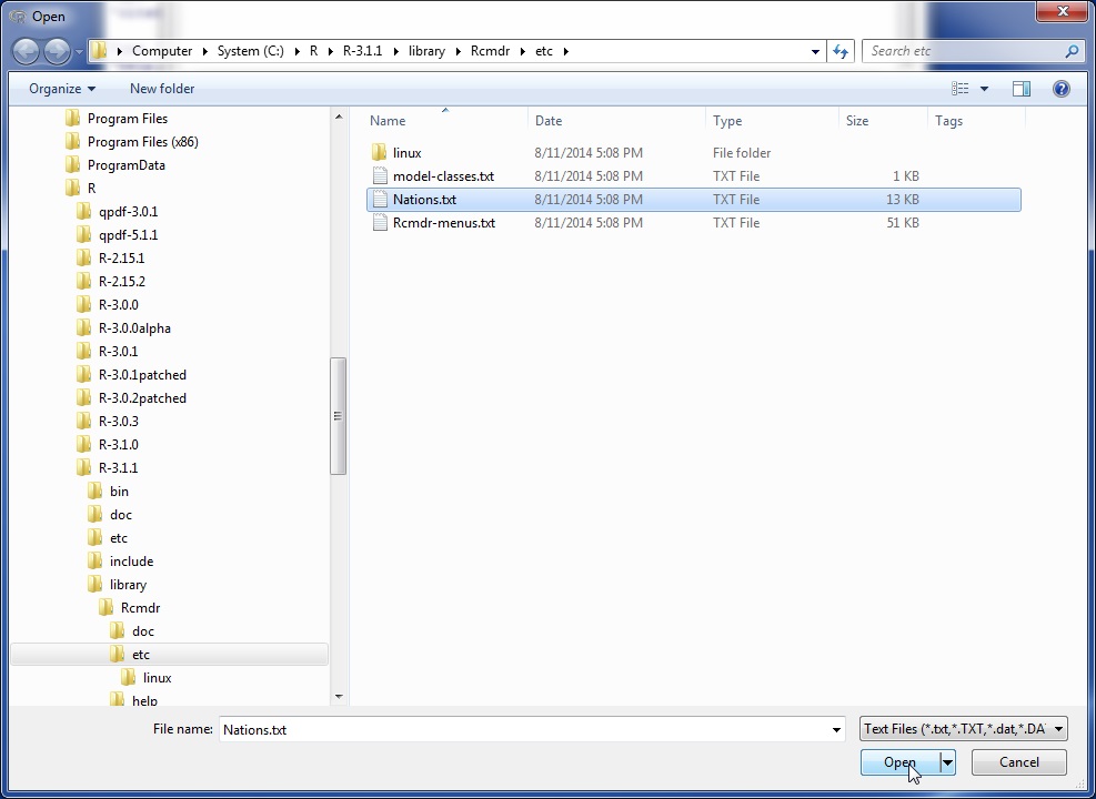 Open-file dialog for reading a text data file.