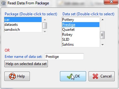 Reading data from an attached package — in this case the Prestige data set from the car package.