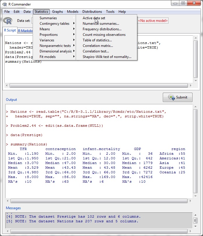 Getting variable summaries for the active data set.