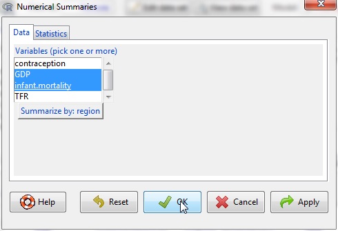 The Numerical Summaries dialog box after the grouping variable region has been chosen and with two numeric variables selected.