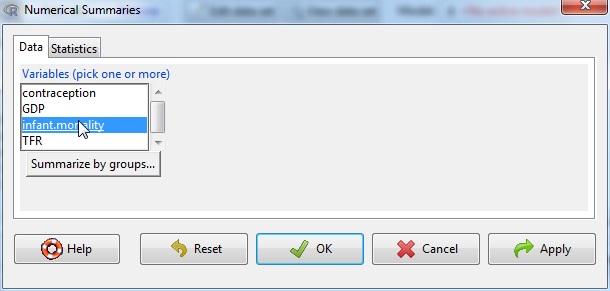 The Data tab in the Numerical Summaries dialog box.