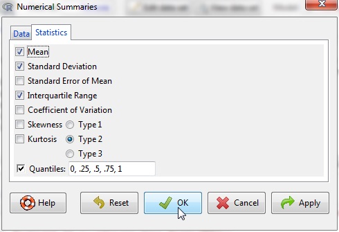 The Statistics tab in the Numerical Summaries dialog box.