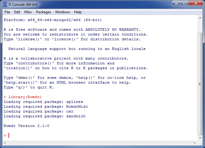 The R Console window after loading the Rcmdr package.