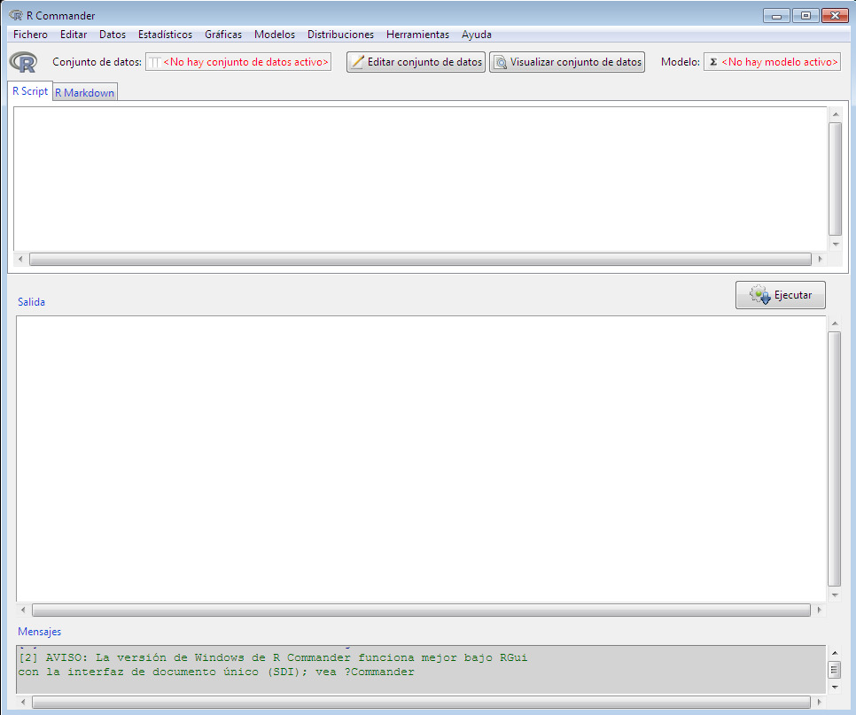 Fig 2: Ventana de R Commander al inicio