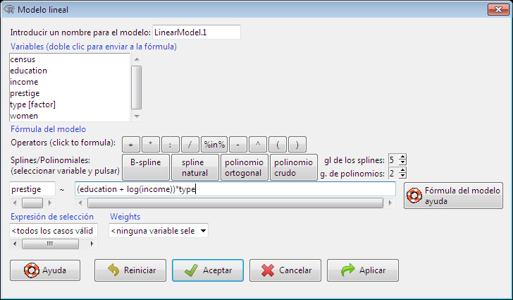 El cuadro de diálogo Modelo lineal, con Prestige del paquete car como el conjunto de datos activo.