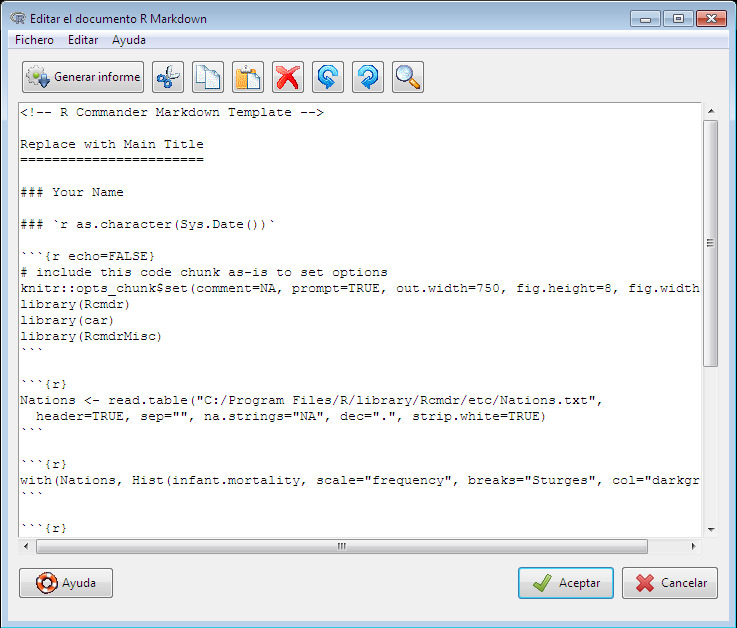 El editor de documentos de R Markdown.