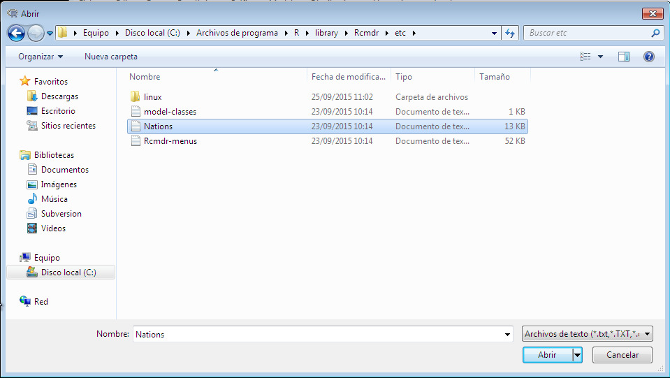 Cuadro de diálogo de apertura de archivo para leer un archivo de datos de texto.