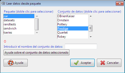 Lectura de datos desde un paquete adjunto: en este caso, el conjunto de datos Prestige del paquete car.