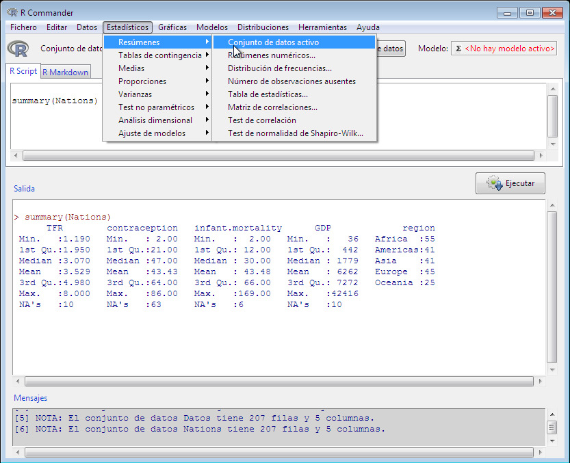 Obteniendo los resúmenes para las variables del conjunto de datos activo.
